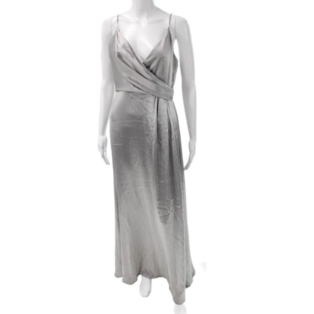 Jill Jill Stuart Women Silver Satin Maxi Dress V-Neck Sleeveless Zip Size 6